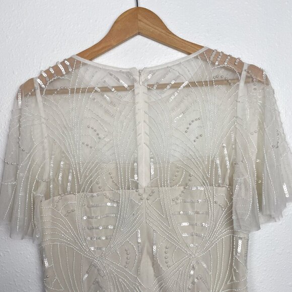 Adrianna Papell Ivory Pearl Beaded Flutter Sleeve Top Sz. 4 - Picture 10 of 13